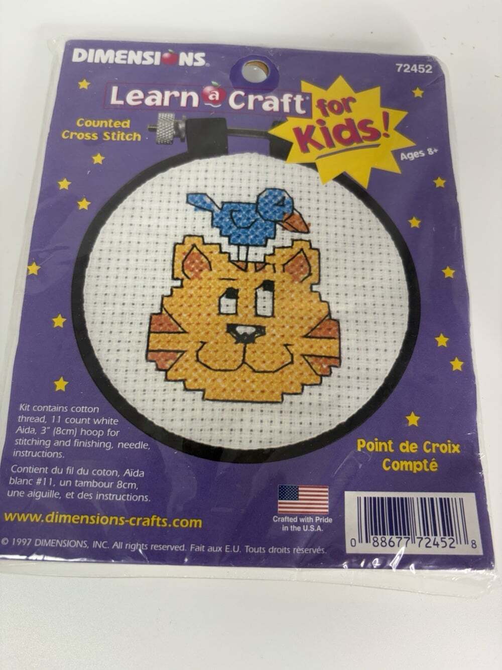1997 Dimensions Learn a Craft Counted Cross Stitch Hoop Frame Bird & Cat Design